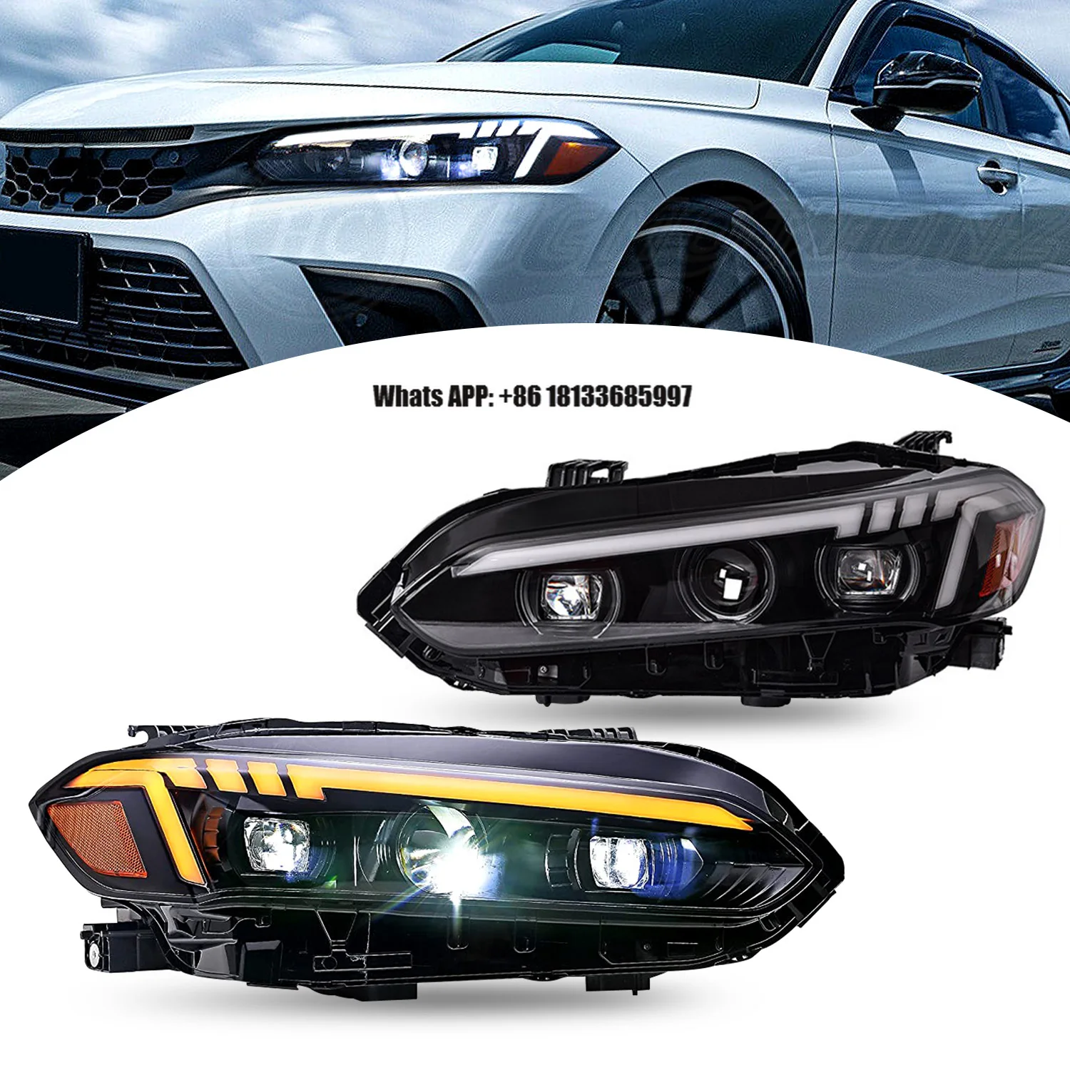 HCMOTIONZ Factory Car Accessories LED Front Lamps 11th Gen 2022-2023 DRL Start up Animation 3 Lens Head Lights for Honda Civic