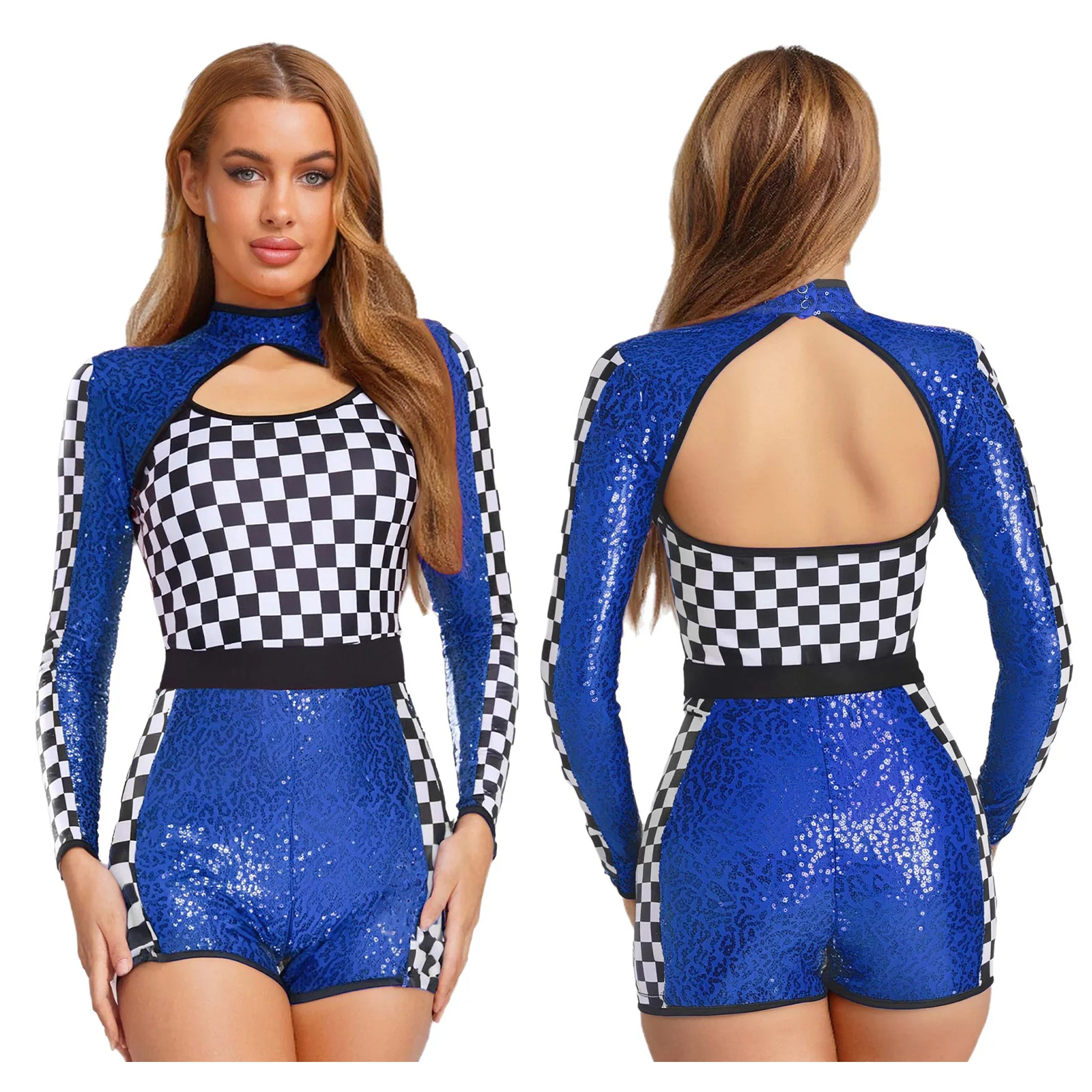 

Женский костюм гонщика-водителя автомобиля, карнавальный костюм с длинными рукавами и блестящими пайетками, гоночный комбинезон в шахматном порядке, Клубная одежда для Хэллоуина, карнавала