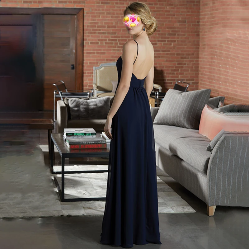 Simple Beach Bridesmaid Dresses 2020 Blue Long Chiffon Prom Party Gowns Wedding Guest Maid Of Honor Dress Sexy V Neck Backless