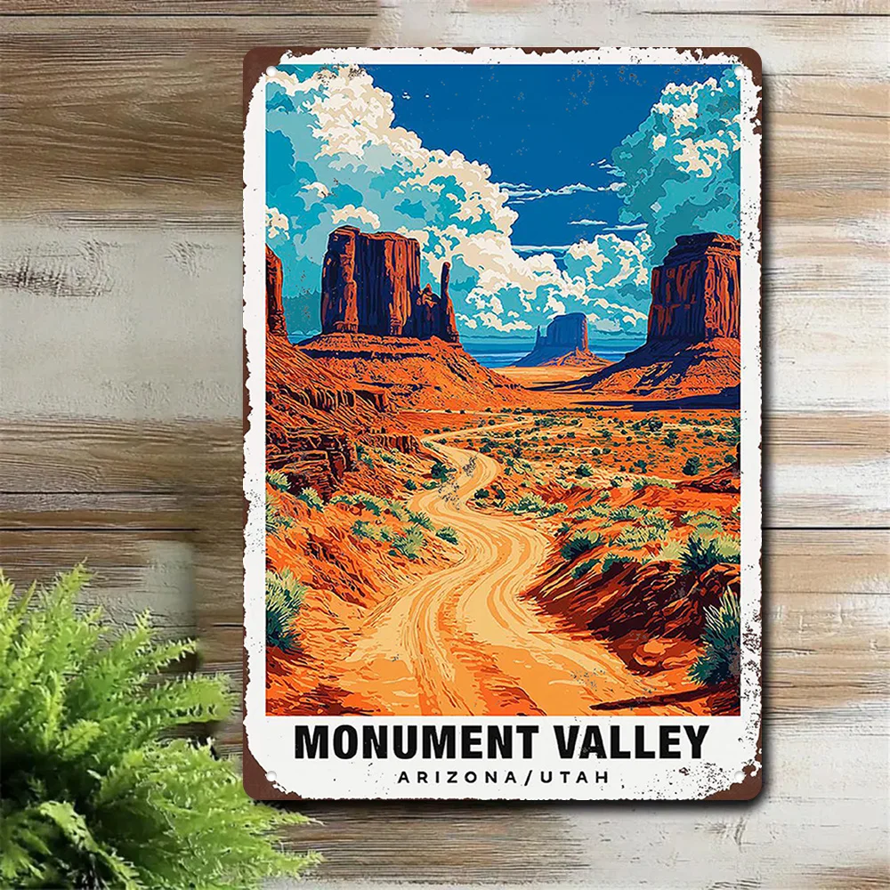 [2D Flat] 1pc Vintage Monument Valley Arizona/Utah Metal Tin Sign - Retro Western Desert Landscape Wall Art with Winding Dirt Ro