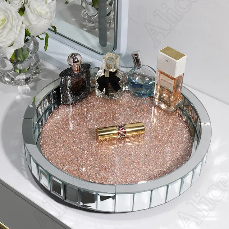 

European 360 ° Rotatable Diamond Inlay Glass Tray Bedroom Dressing Table Cosmetic Jewelry High-capacity Storage Trays Decorative