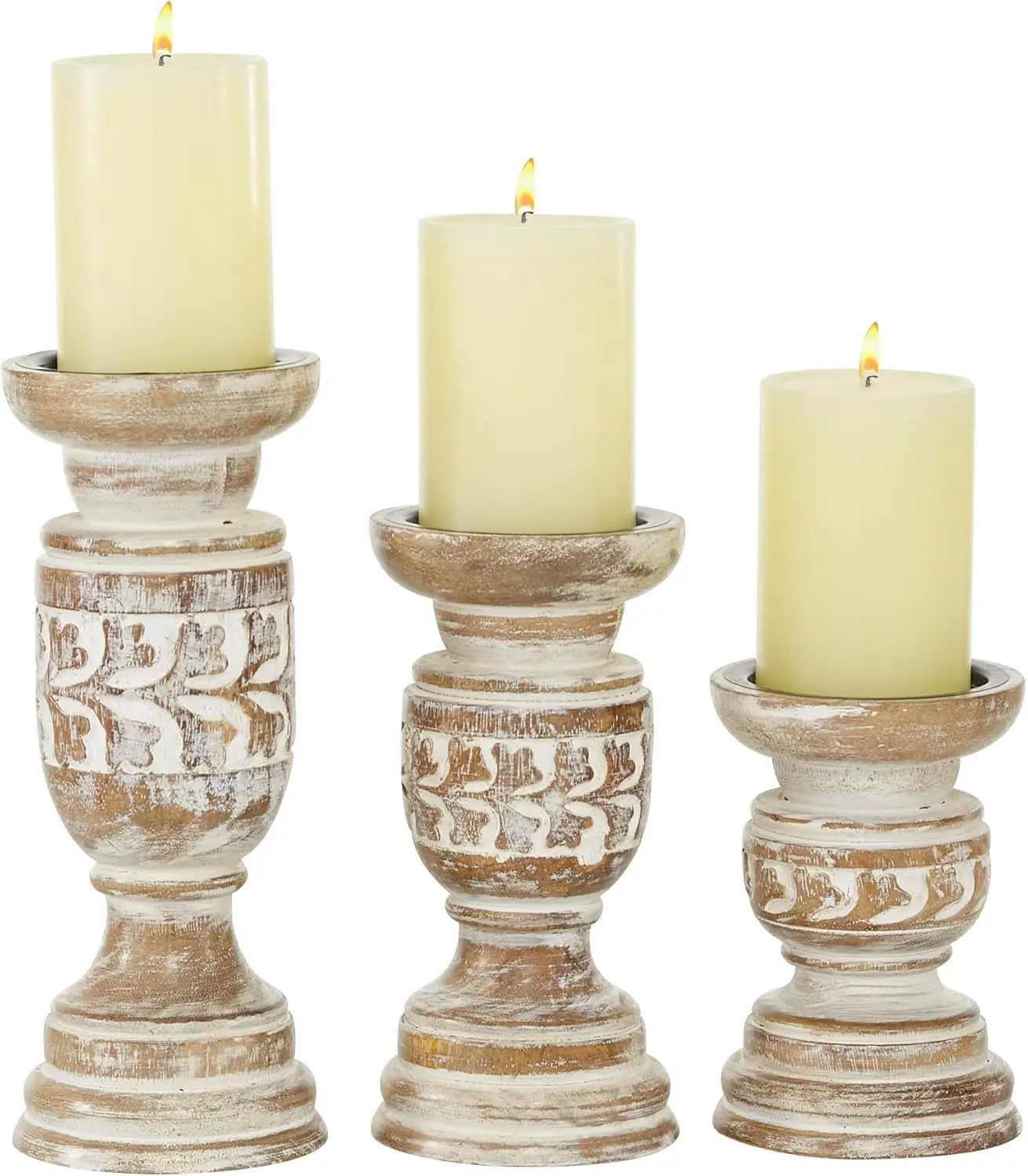 

Набор подсвечников ручной работы из дерева, 3 шт., с резными узорами, бежевый, высота 6, 8, 10 дюймов