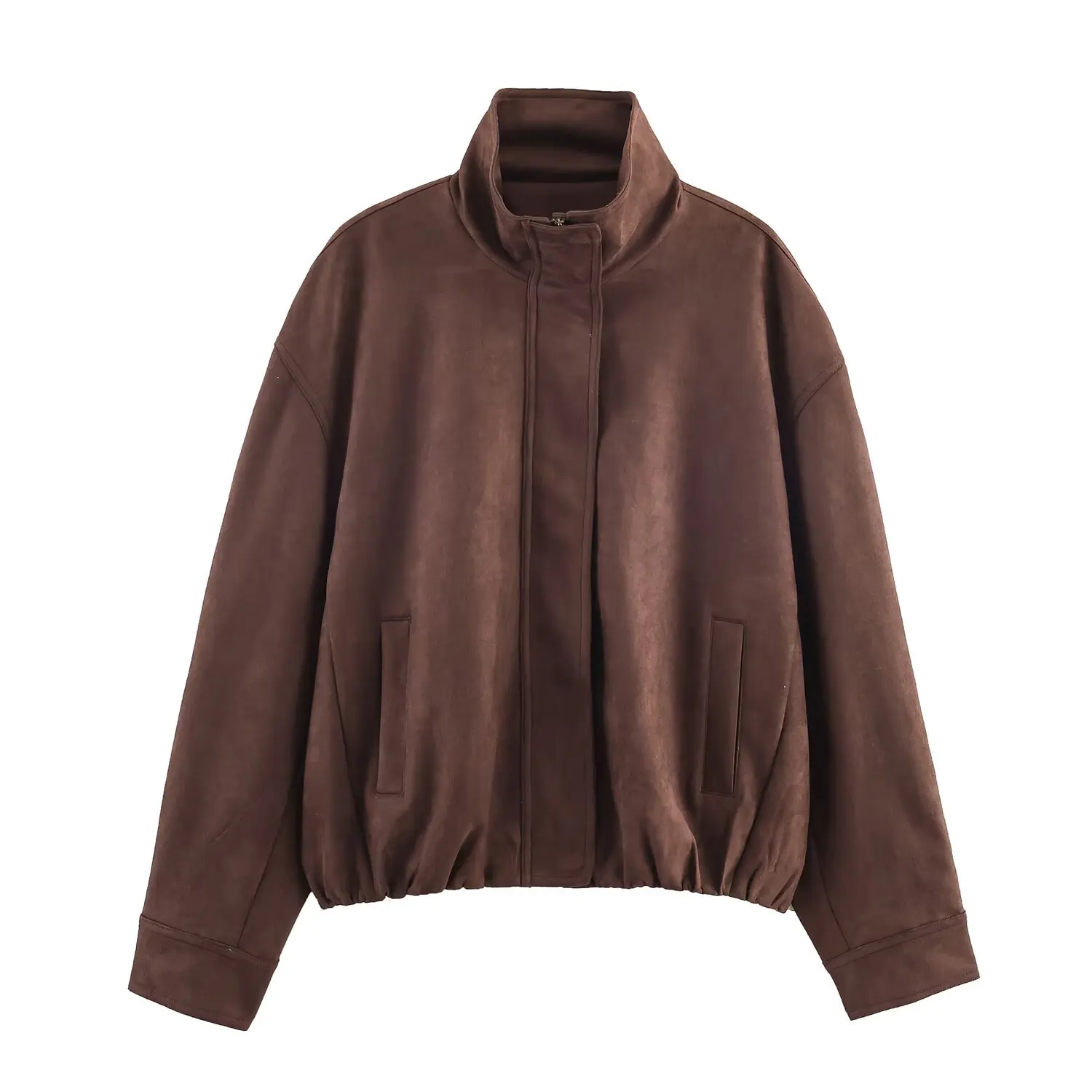 

ZBZA Woman's Retro Loose Cropped Jacket Stand Collar Zipper Long Sleeves Solid Pockets Pleated Coat Early Autumn Female Chic Top