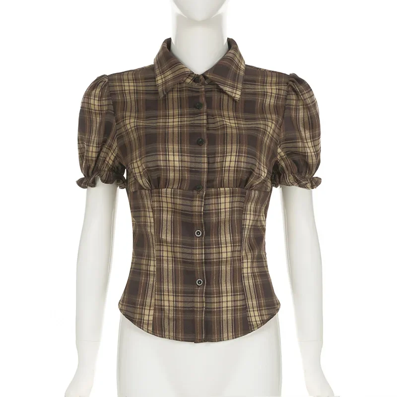 스윗 브라운 플래드 반팔 탑 일본 스타일 귀여운 블라우스 버튼 셔츠 A라인 레이어드 미니 플래드 스커트 (반바지 포함)