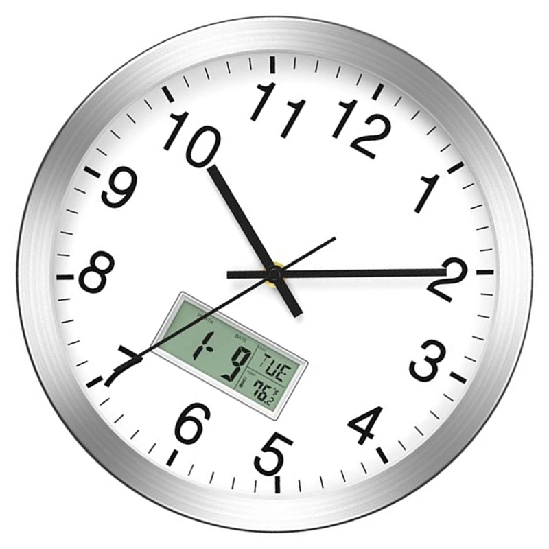 12Inch Wall Clock With Digital Date, Week, Indoor Temp - Battery Operated Wall Clock,Silver Brushed Finish, Easy To Read