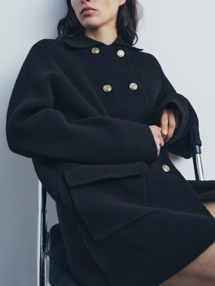 

Spring New Arrival Women's Knitted Long Sve Double-Breasted Coat Simple Ele Street Sle Woolen Outerwear