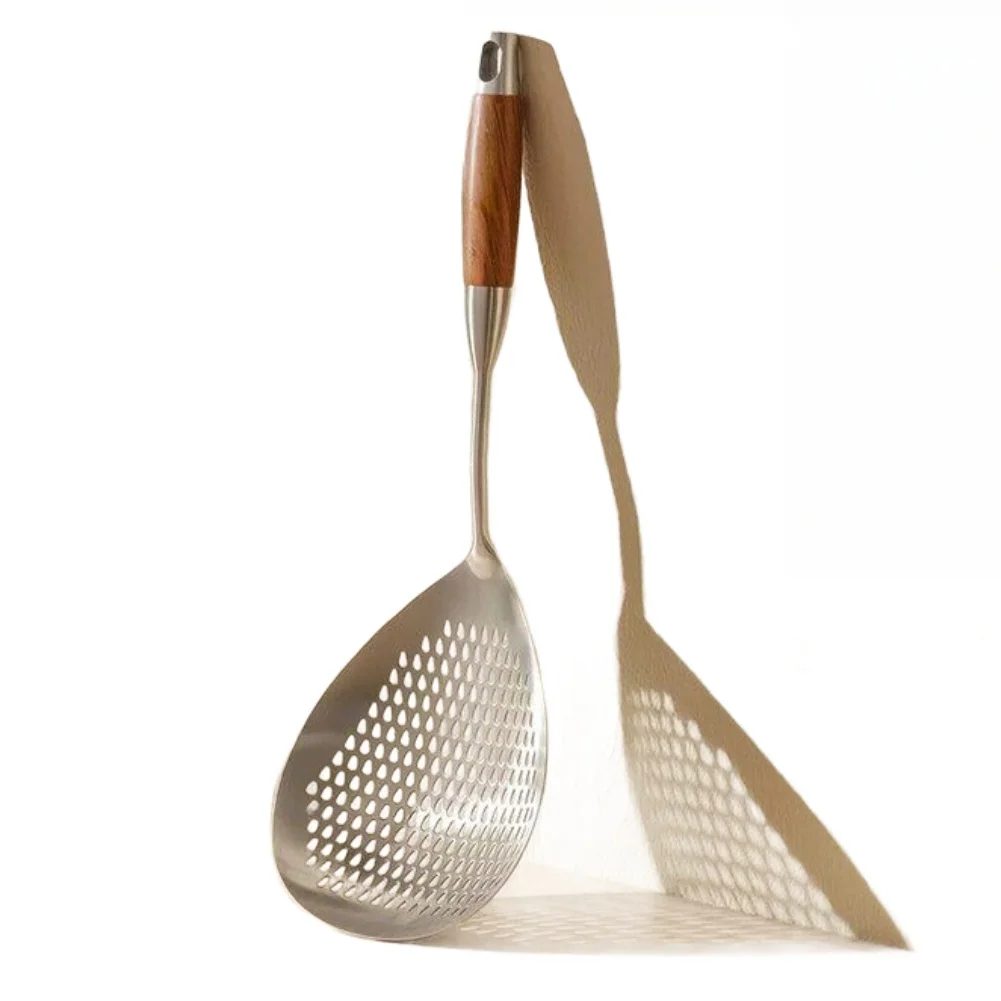 316 Stainless Steel Slotted Spoon for Home and Commercial Kitchens Featuring Dense Drainage Holes and Natural Wood Handle