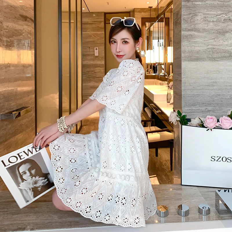 

Ele Sweet First Love White Embroidered High Waist Doll Skirt Women's Early Autumn New Sle Lace Loose Cotton Skirt