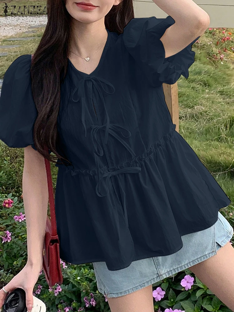 

ZANZEA, женская модная однотонная блузка, летняя корейская туника, топы, 2025 г., элегантные офисные женские рубашки, повседневные рубашки с рюшами на шнуровке и повязками