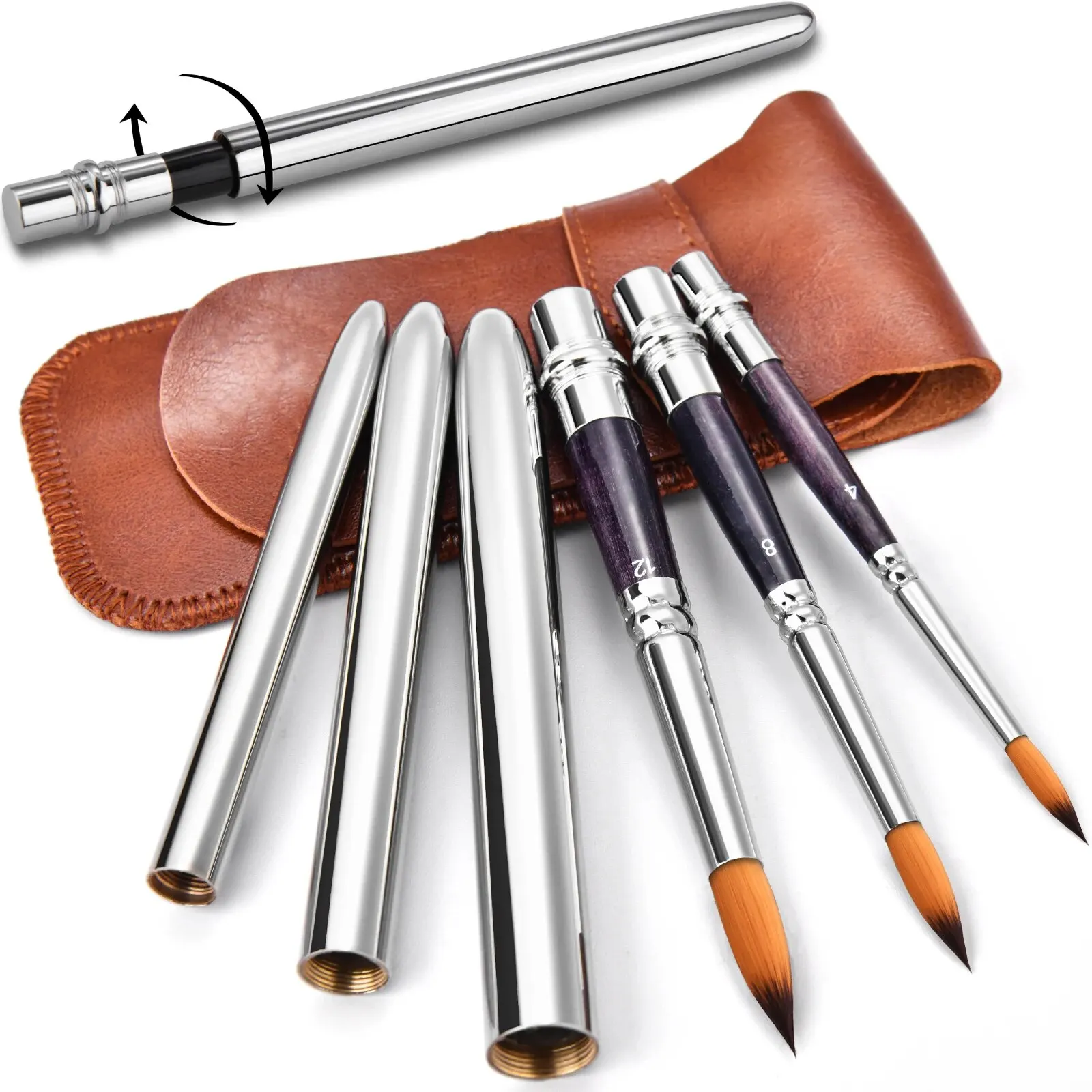 Travel Watercolor Brushes, Round Extra Long Synthetic Sable Pocket Paint Brushes with Protective Case Handle