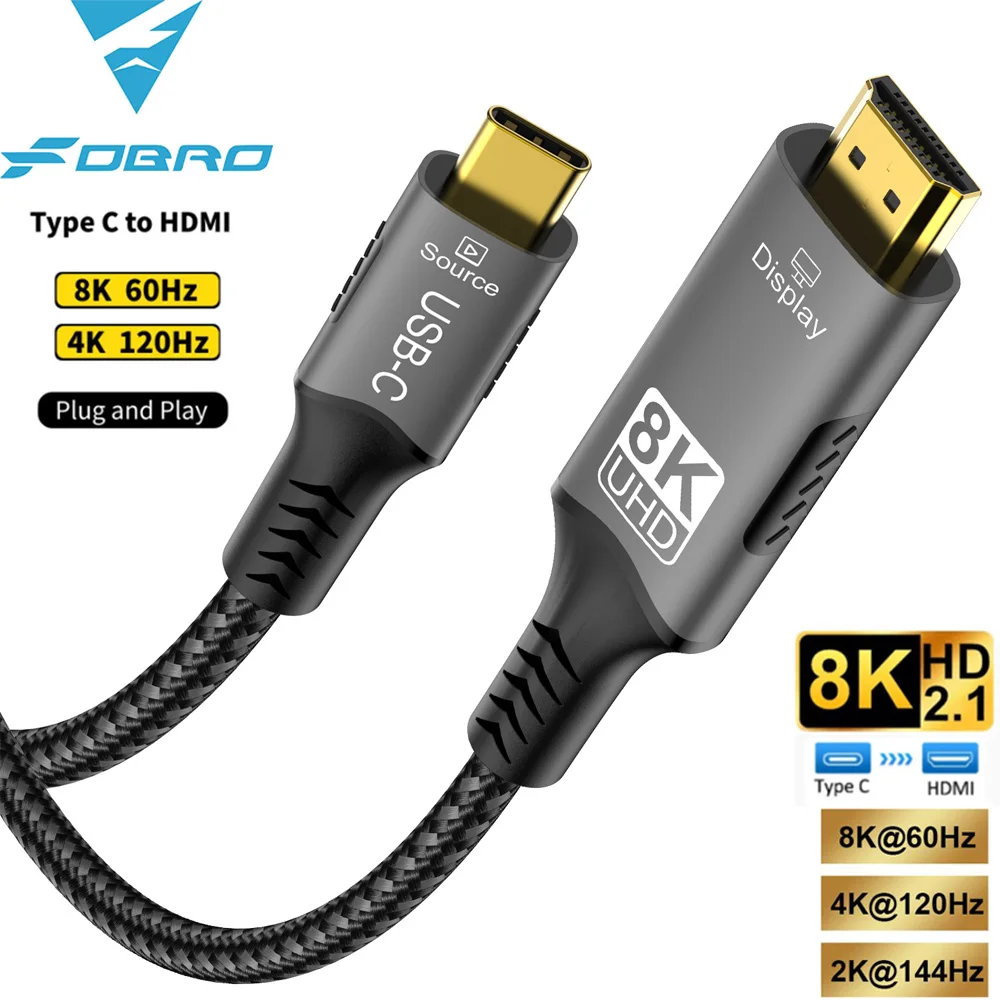 FDBRO USB Type C to HDMI 2.1 Cable Adapter 8K@60Hz,4K@60Hz 6FT Aluminum Type-C to HDMI Braided Cord for Laptop Tablet Galaxy S24