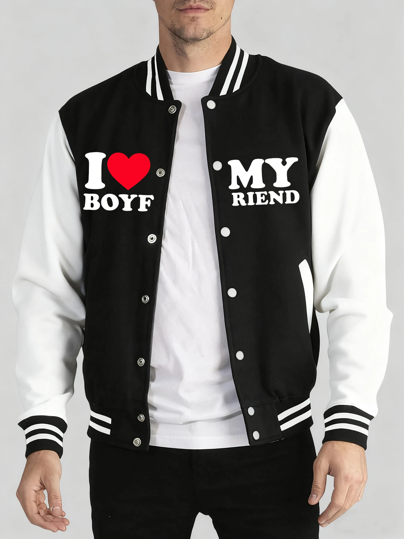 

I Love My Boyfriend Creative Prints Male Jackets Autumn Winter Baseball Jersey Soft Hip Hop Clothes Button Sports Tracksuit