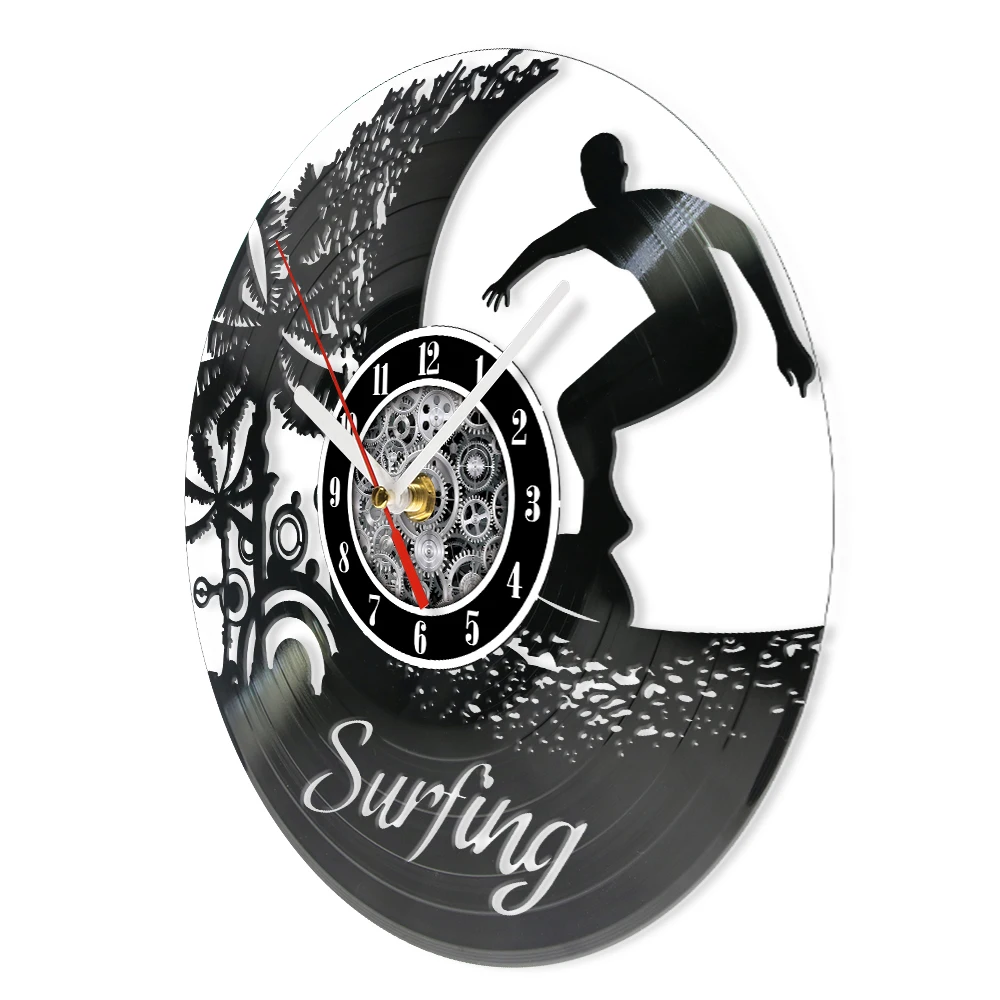 Cool Surfing Black Vinyl Record Wall Clock For Living Room Surfers Home Decor Watch Ocean Sea Wave Wall Art Silent Quartz Clock