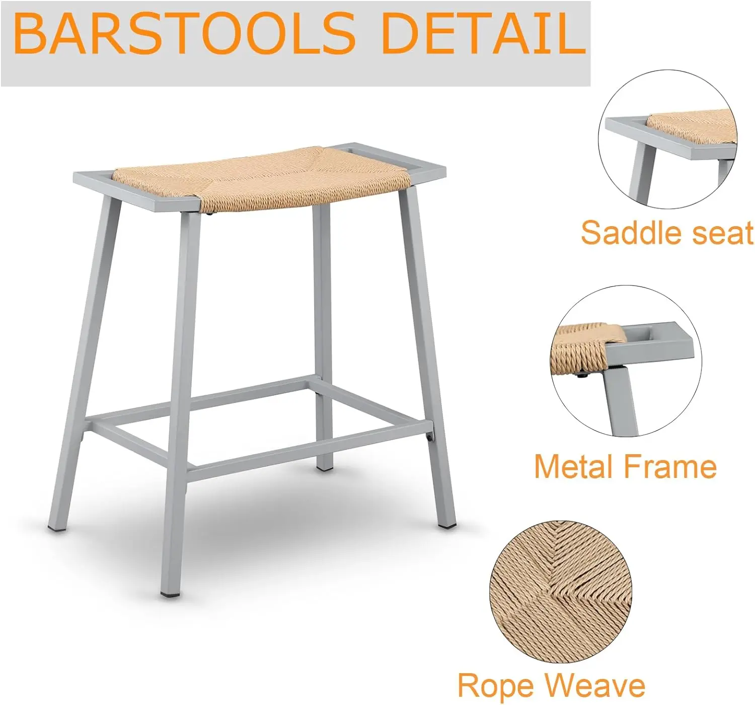 Wicker Bar Stools Set of 2, Backless Saddle, Counter Height, Kitchen, 26"