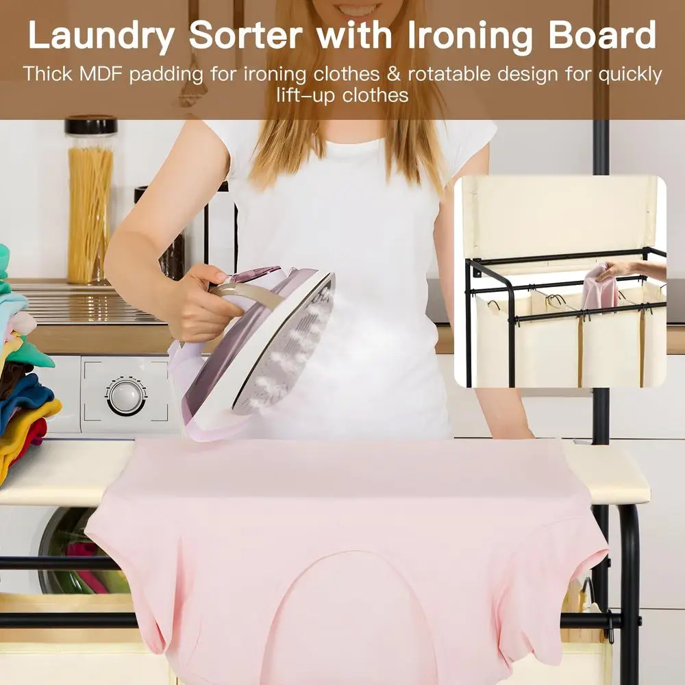 3 Section Laundry Sorter with Hanging Rod Foldable Ironing Board Laundry Hamper Organizer Heavy Duty Cart Sorting Clothes Metal
