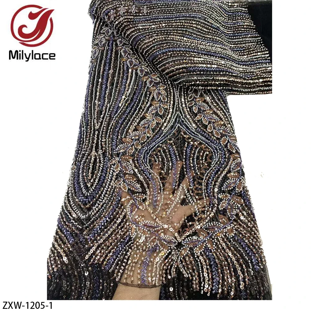 

African Heavy Bead Lace Fabric High Quality 5 Yards Sequins French Tulle Fabric Material for Wedding Party ZXW-1205