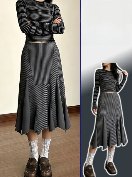 

Женская юбка миди больших размеров с высокой талией, асимметричная, в полоску, фасон «рыбий хвост», облегающая, вязаная, премиум-класса, А-силуэт