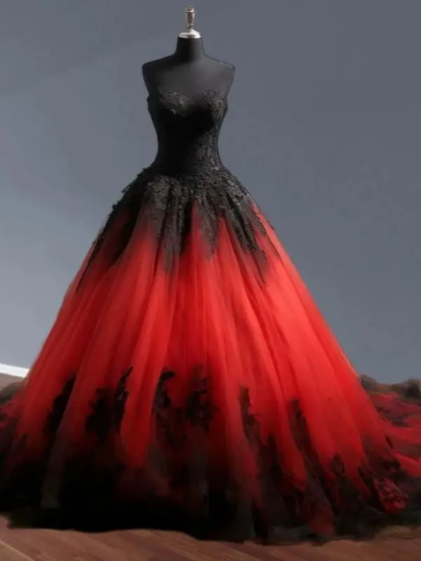 Schwarz mit rotem Vampir-Gothic-Hochzeitskleid, Spitzenapplikationen, ärmellos, langes Vintage-Brautkleid, maßgeschneidert, Vestidos De Novia 2025