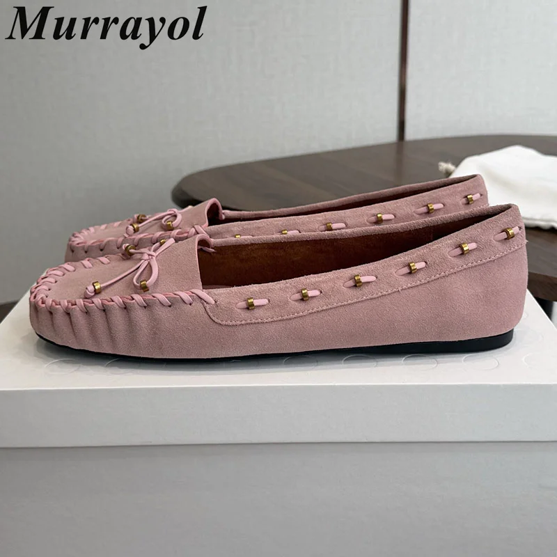 Lazy Loafers Women Real Leather Shallow Mouth Bow Decor Flats Single Shoes Spring Autumn Lightweight Vacation Walking Shoes