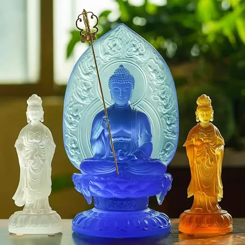 Glazed Three Saints Buddha Statue Oriental Bodhisattva Pharmacist Figure Household Tabletop Decor Sunlight Moonlight