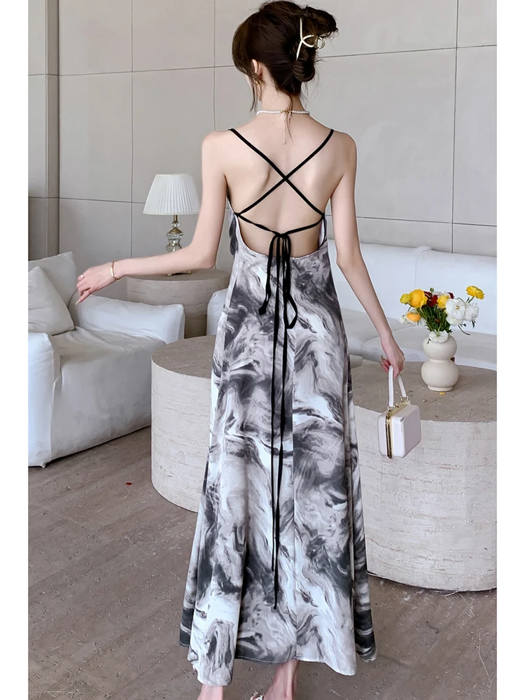 2025 nova impressão chique sem costas sexy estilingue vestido longo feminino elegante arco bandage vestido de verão coreano bodycon festival vestido de noite