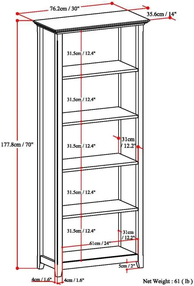 30 Inch Transitional 5 Shelf Bookcase in Hickory Brown, For the Living Room, Study Room and Office 14