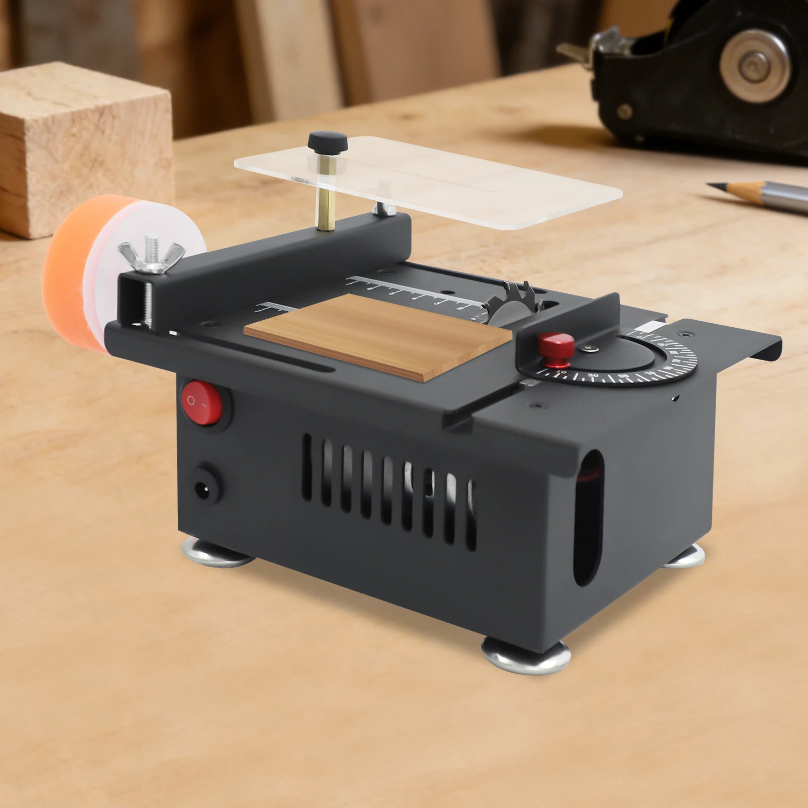 Electric Table Saw, Mini Multi-Functional Table Saw with 4 Blades & Adjustable Angle 0-90°, 6000rpm for DIY Model Wood Acrylic