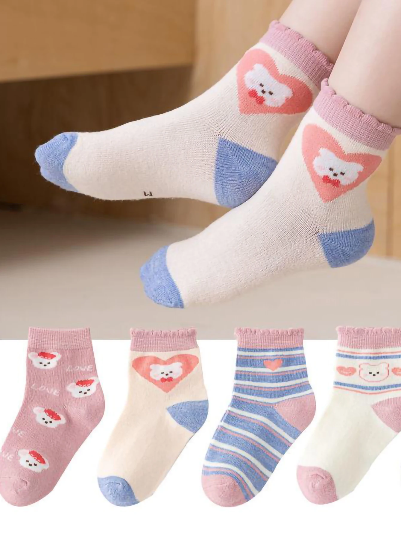 5 pairs of autumn and winter new children\'s cotton socks girls middle tube lace striped socks sports children\'s socks