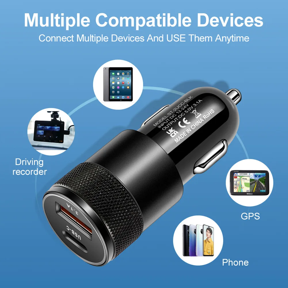 1x 66W USB Car Charger Quick- Charge 3.0 Type-C Fast Charging Phone Adapter For Iphone- Laptops Tablets Car Electronics