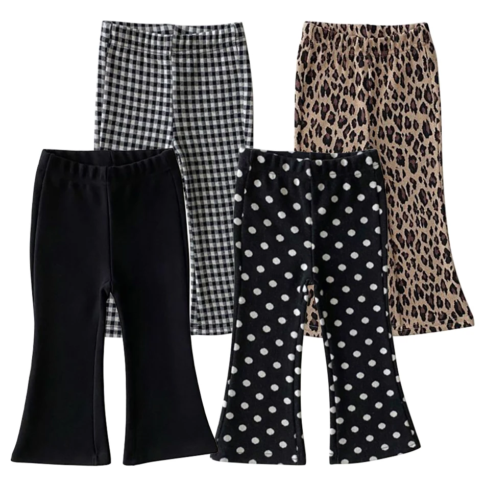 Autumn Winter Kidswear Girls Flared Pants Cute Plaid Polka Dot Leopard Print Design Stylish Warm and Soft Children Long Trousers