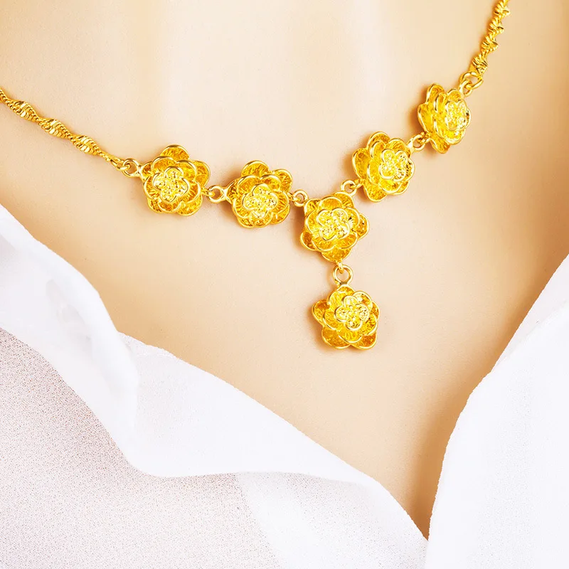 

Luxury 24K 9999 Pure Gold real gold Six rose flower necklace women's flower pendant necklace