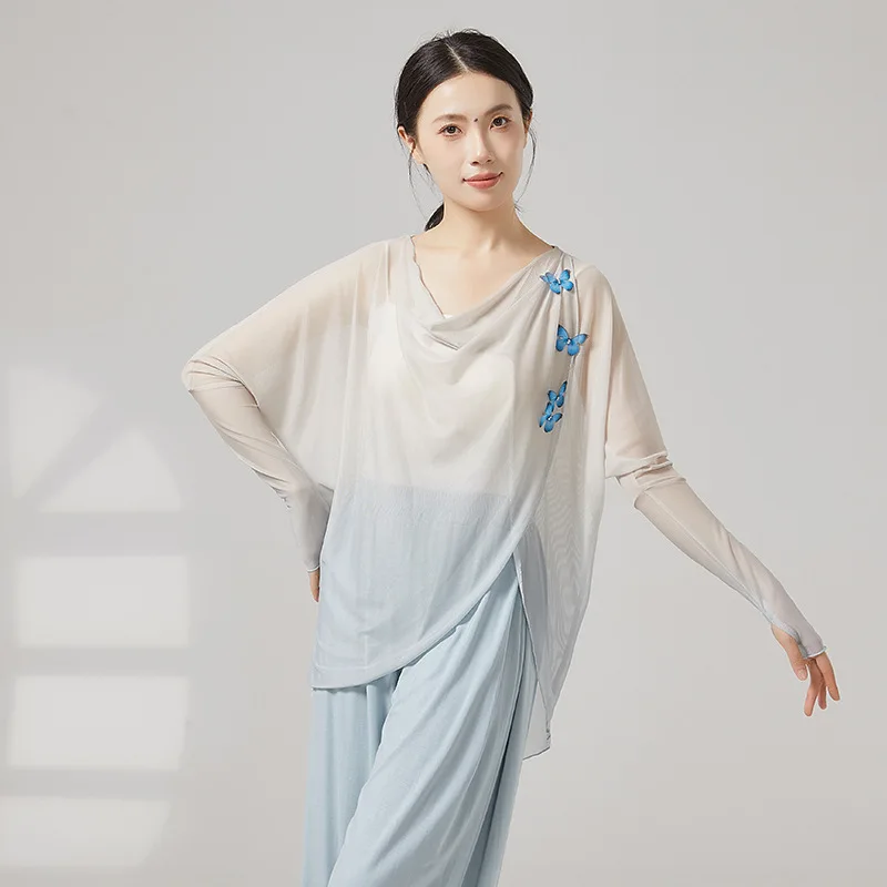 

Classical Dance Gradient Butterfly Decoration Flare Sleeve Swinging Collar Gauze Top Chinese Ethnic Dance Practice Top for Women