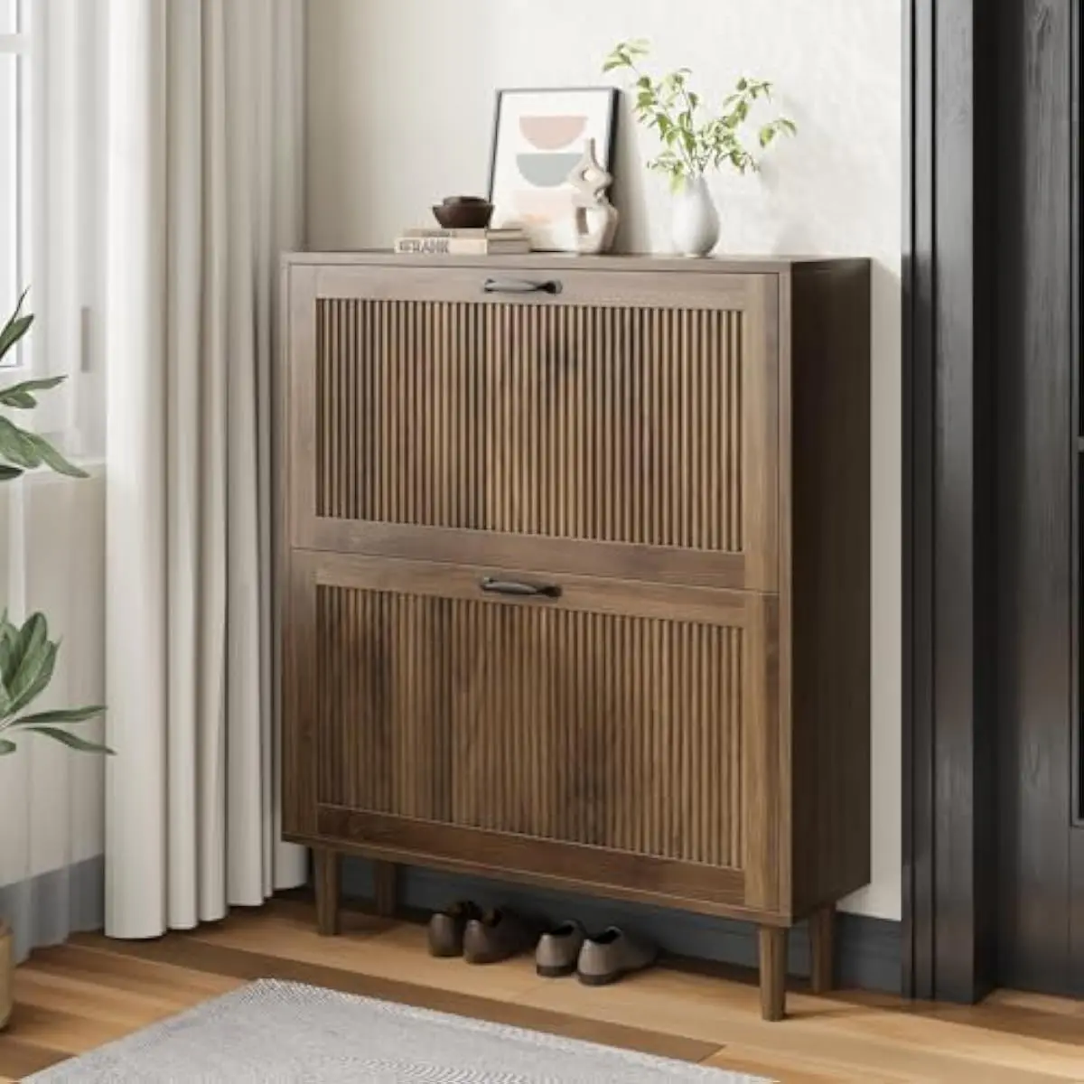 Two-tier freestanding shoe cabinet with ribbed panel doors, compact 9.45-inch depth design for narrow hallways, walnut-finish en
