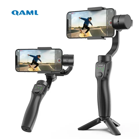 QAML F8 2025 Gimbal a 3 assi, anti-vibrazione, wireless, ricaricabile tramite USB, compatibile con iPhone/Xiaomi/action cam, elegante nero.