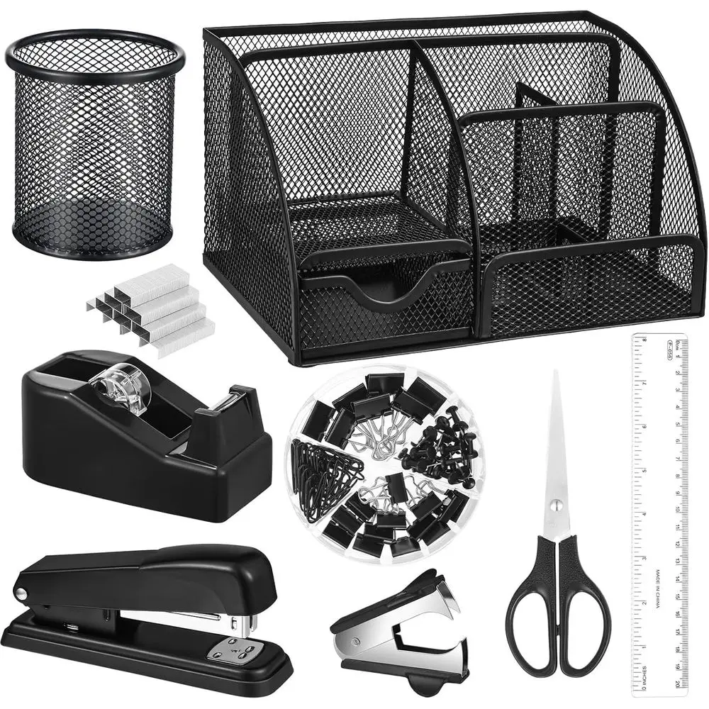 Desk Organizer & Accessories, Office Supply Kit: Mesh Organizer, Stapler, 1000 Staples, Tape Dispenser, Staple Remover, Clips, R