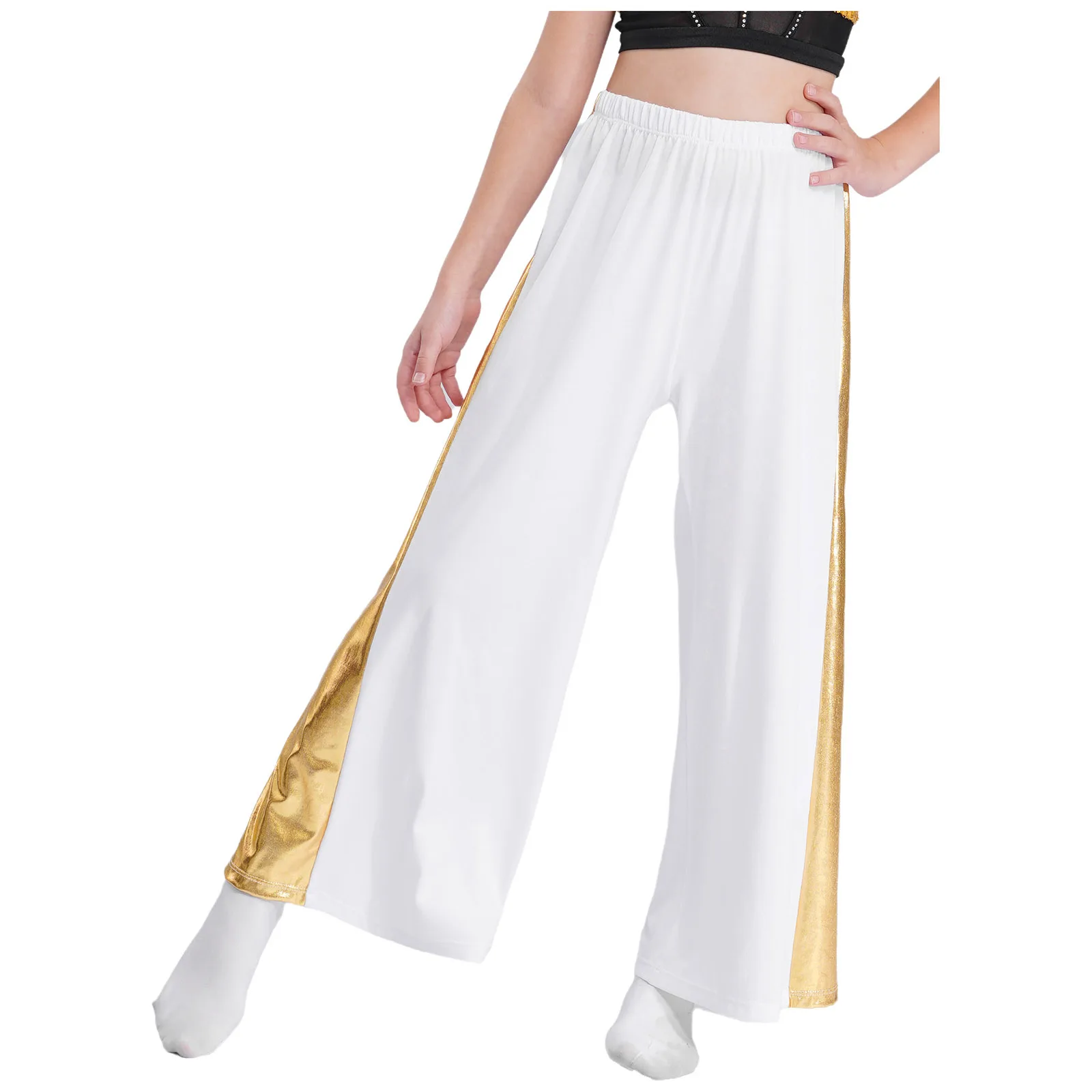 

Kids Girls Metallic Patchwork Wide-Leg Pants High Waist Loose Trousers for Modern Worship Liturgical Dance Ceremony Performance