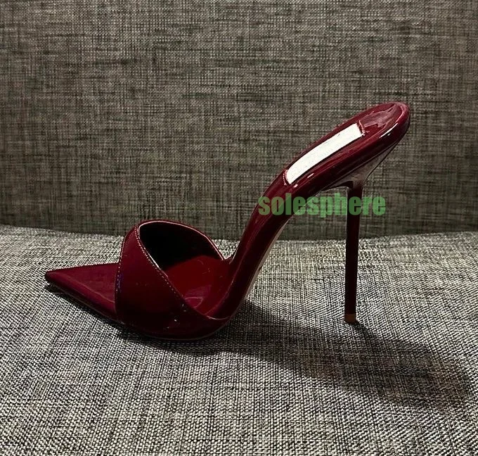 

Lady Retro Mirror Red Pu High Heels 12Cm Open Toe Pumps Sexy Stiletto Mules Slingback Trendy Summer Dress High Heels Size 34-46