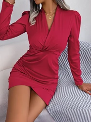 Women Sexy V Neck Long Sleeve Satin Bodycon Dresses for Spring Autumn 2026 Red Black Apricot Mini Dress Elegant Woman Clothing