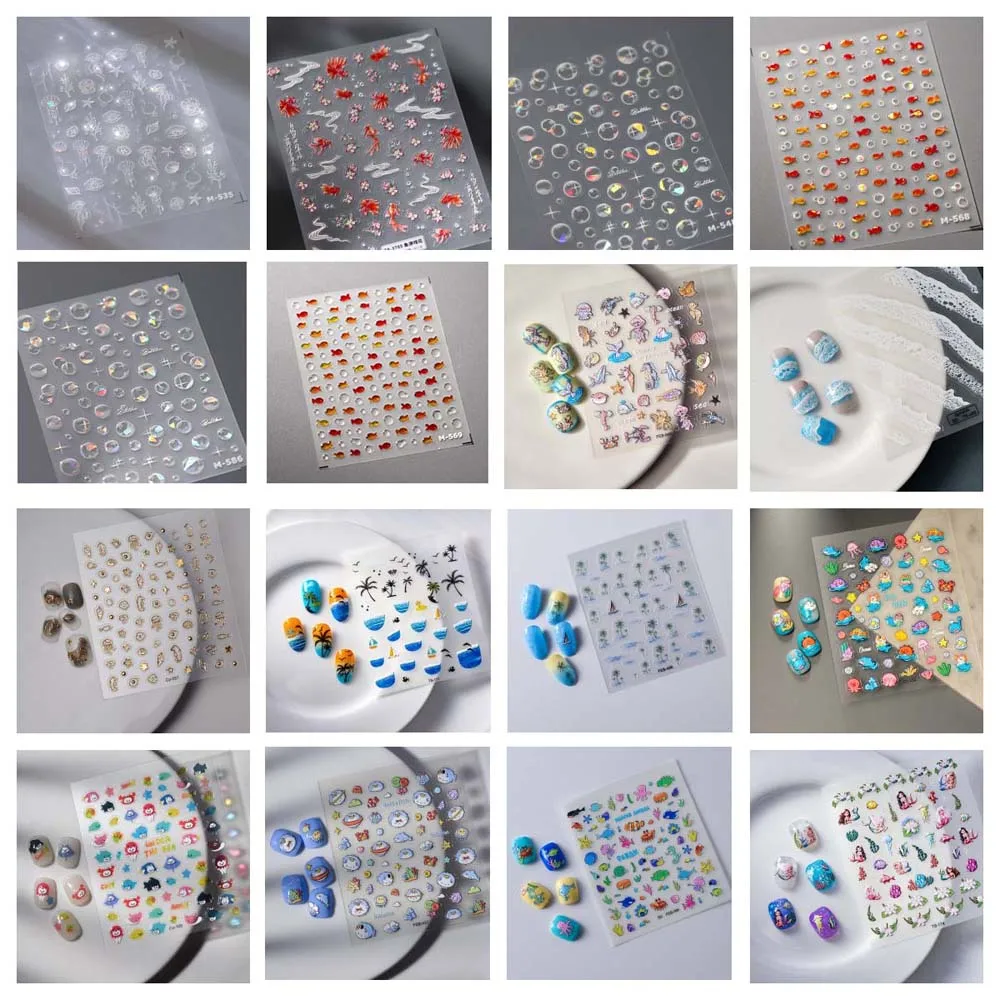 Concha estrella océano pegatinas para uñas medusas de mar vidrio brillante delfín gelatina océano pegatinas para uñas accesorios bronceadores