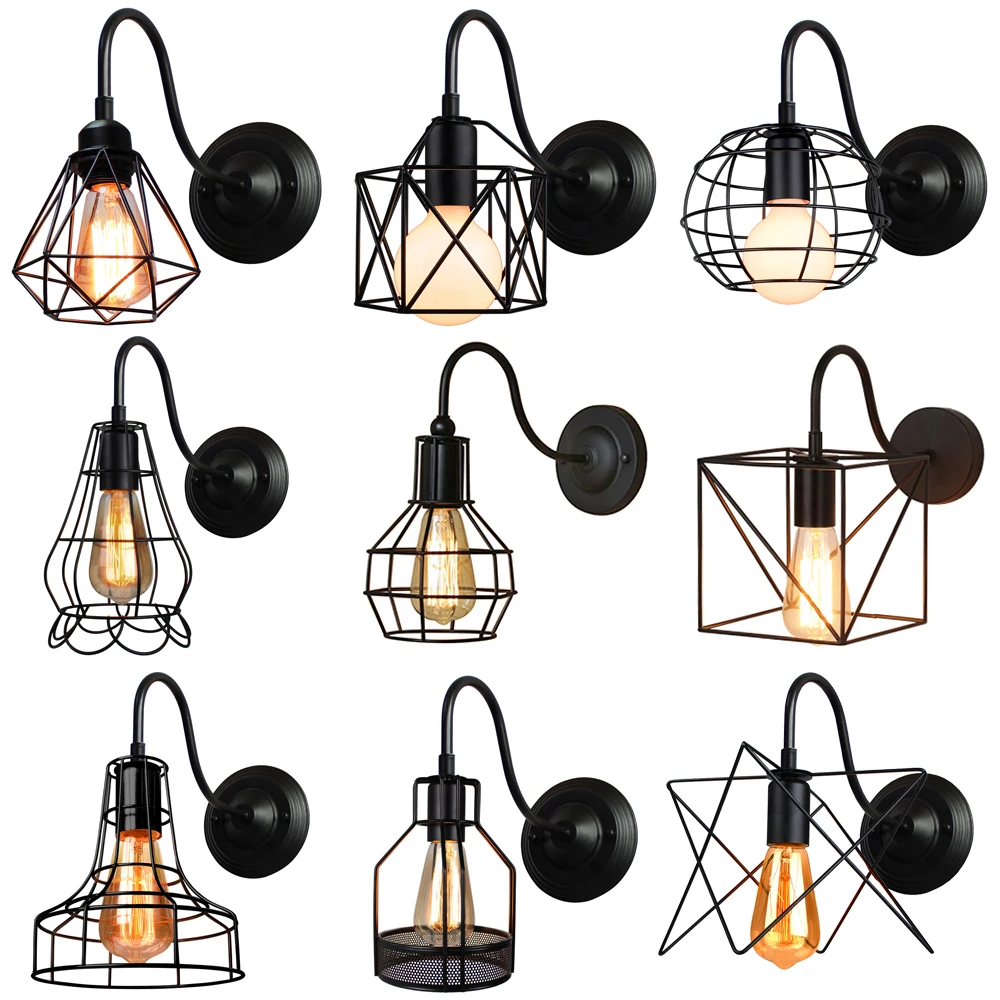 

Vintage Led Wall Light Retro Loft Industrial Wall Lamp Black E27 Iron Simple lampshade Cage Guard Sconce Indoor Lighting Fixture