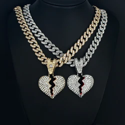 Iced Out Broken Heart Necklace For Men Women Heart Pendant Necklaces 11mm Width Cuban Chain Hip Hop Rapper Jewelry