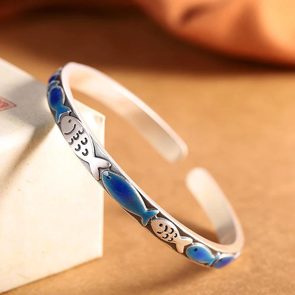 Hot Sell Open Mouth Bracelet Silver And Blue Color Fish Design Female BangleJewelry For Elegant Women Birthday Gifts No Fade