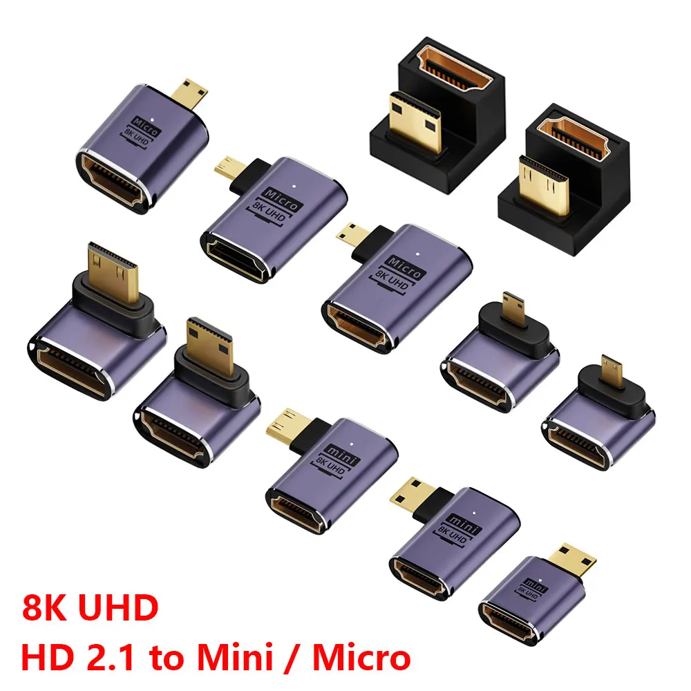 1PC HDMI Compatible Adapter, Male to Female Converter, 8K HD Connector, Mini, Micro, Extender, 90, 270 Degree Right Angle