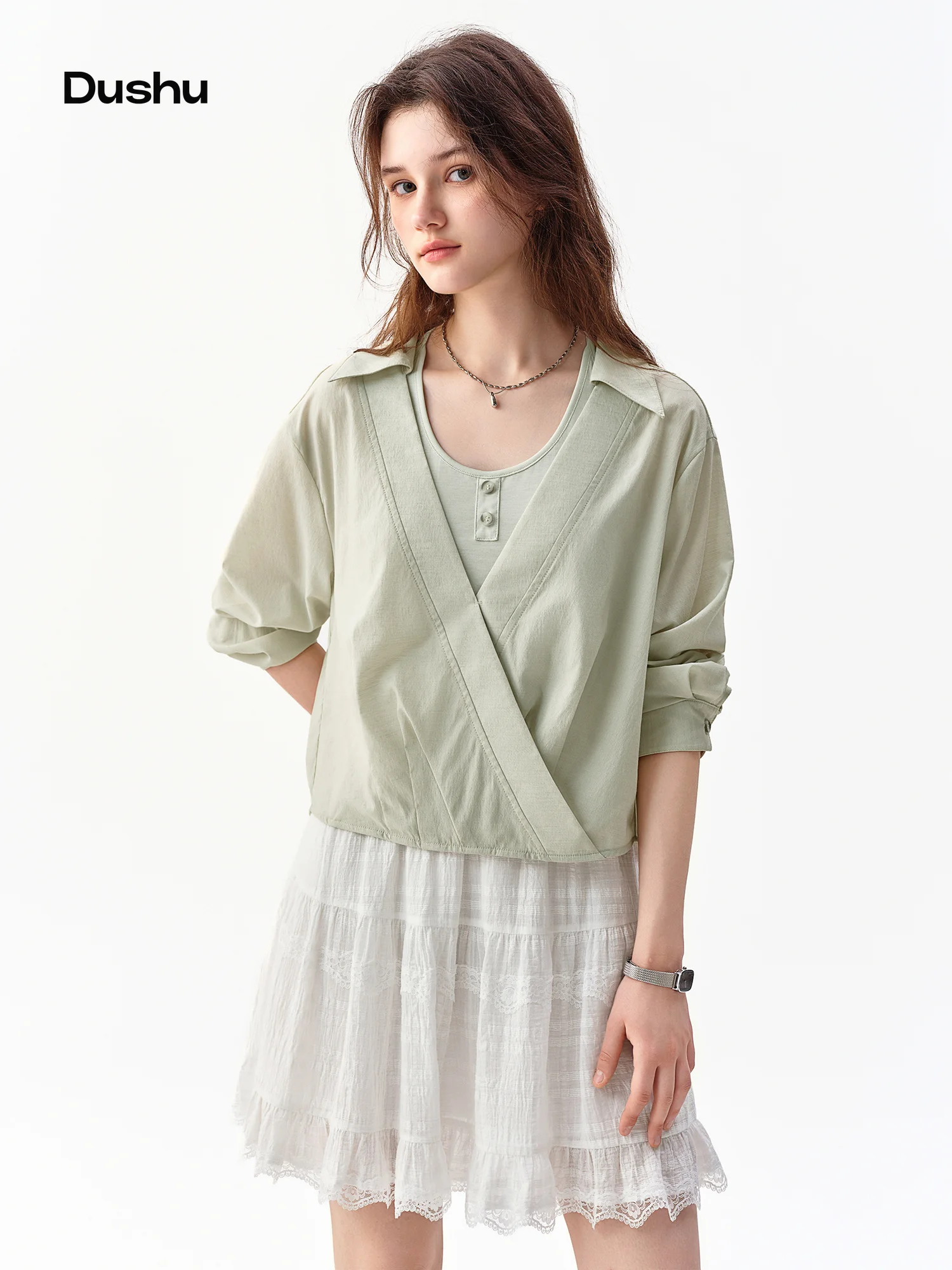 DUSHU 2026 Fall Women‘s Linen Blend Chiffon Blouse Knit Vest Two Piece Set, Layered Shirt Sleeveless Top Versatile Office Style