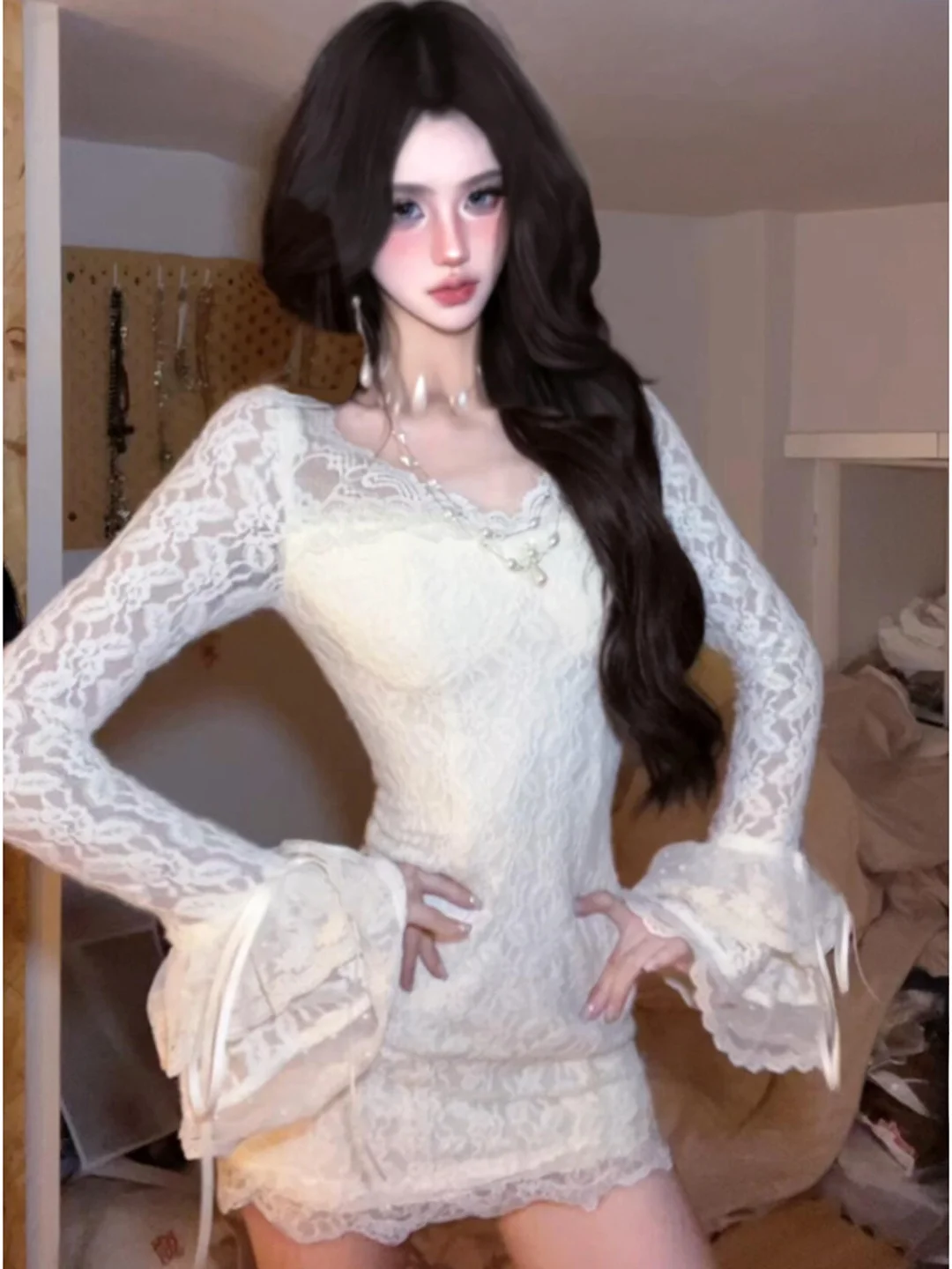 

Сексуальное кружевное облегающее платье Dr V-Ne с запахом средней длины до бедра для зимней одежды из смеси хлопка Long Sve Формальный и повседневный подходит