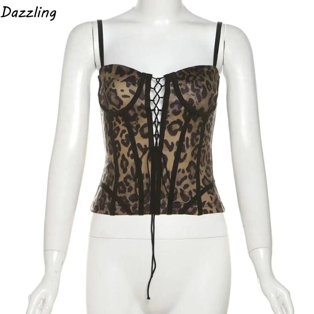 

Close Fitting Sleeveless Leopard Tank Top Hollow Out Lace Band Tight Fitting Vest Streetwear Beauty Back Deep V Camisole Women