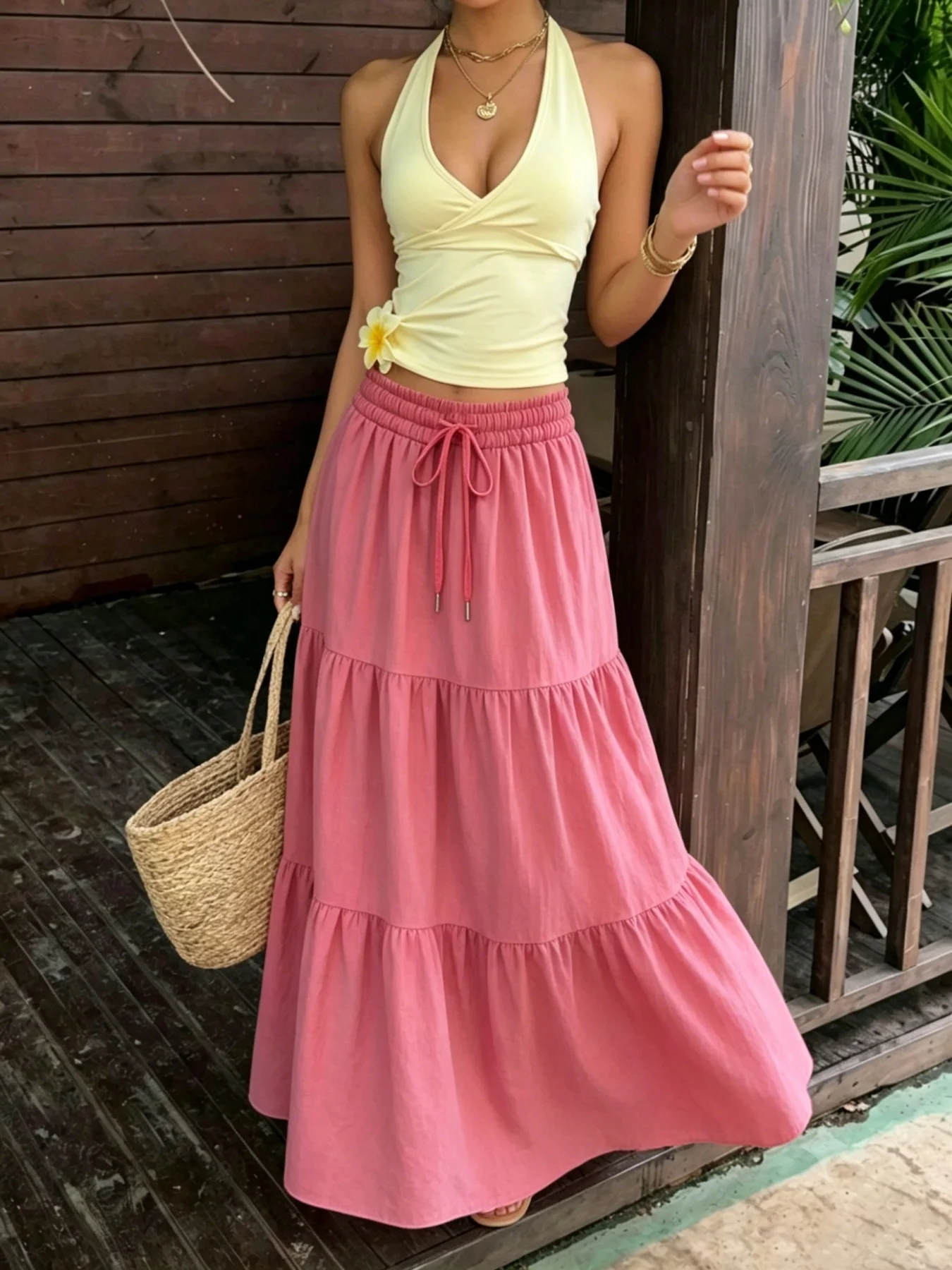 Damen-Maxirock mit Stufen, elastischem Kordelzug, hoher Taille, Rüschen, fließendem A-Linien-Schnitt, langer Rock, lässiger Boho-Strand-Sommerrock für Frauen – Detail 4