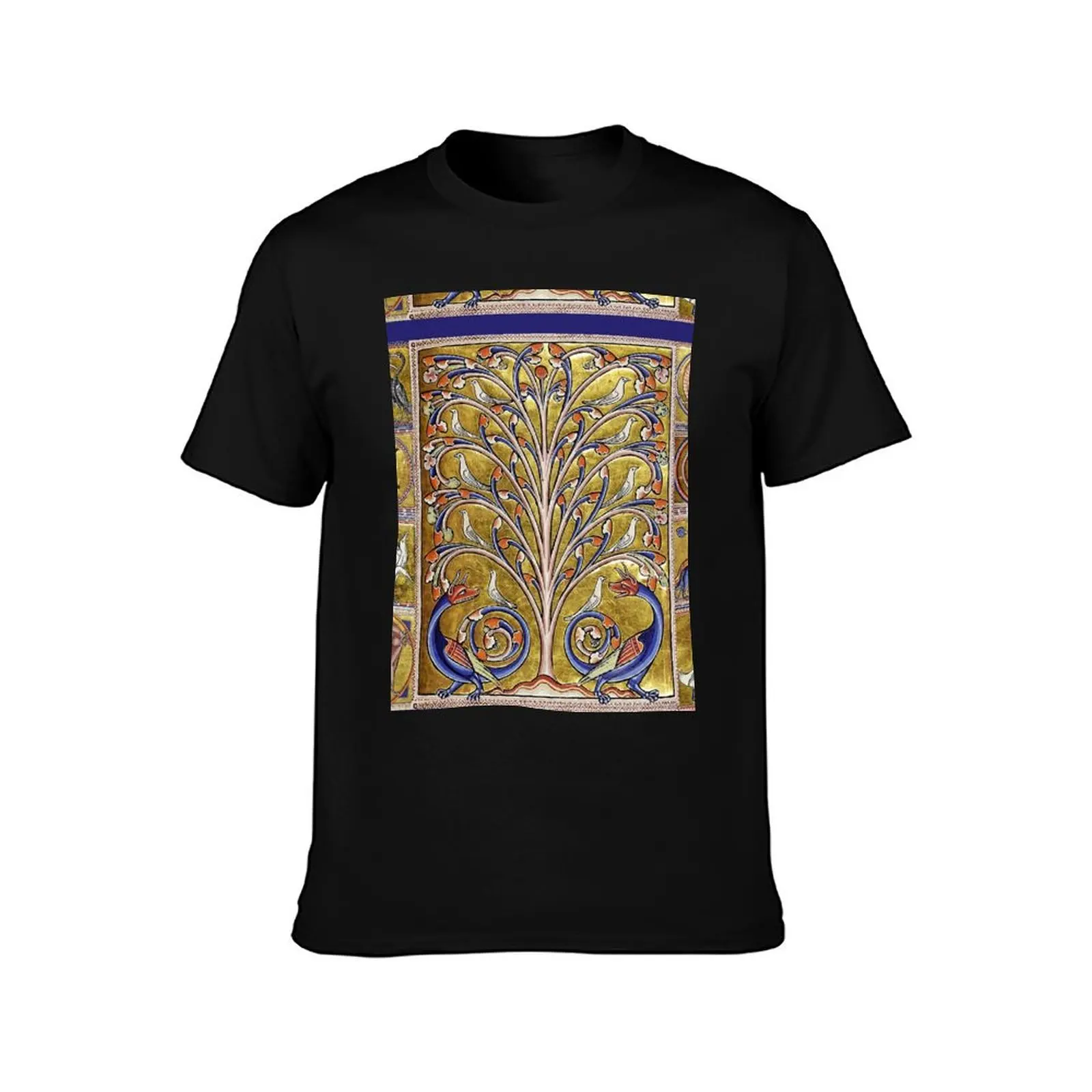 MEDIEVAL BESTIARY,TREE OF LIFE ,BIRDS,DRAGONS FANTASTIC ANIMALS IN GOLD RED BLUE COLORS T-Shirt