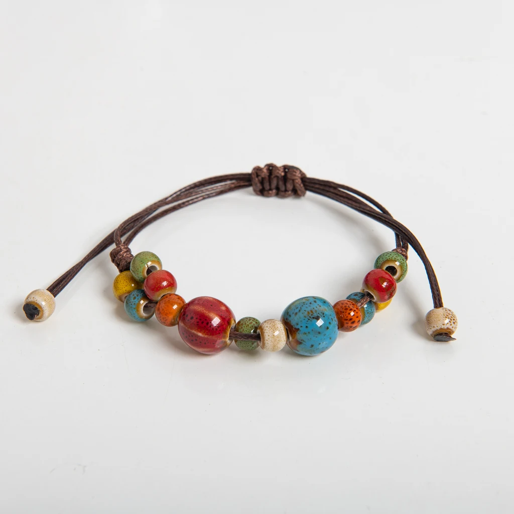 Multicolor Ceramic Gourd Bead Handmade Bracelet Adjustable Ethnic Retro Boho Rope Jewelry for Women S03-123