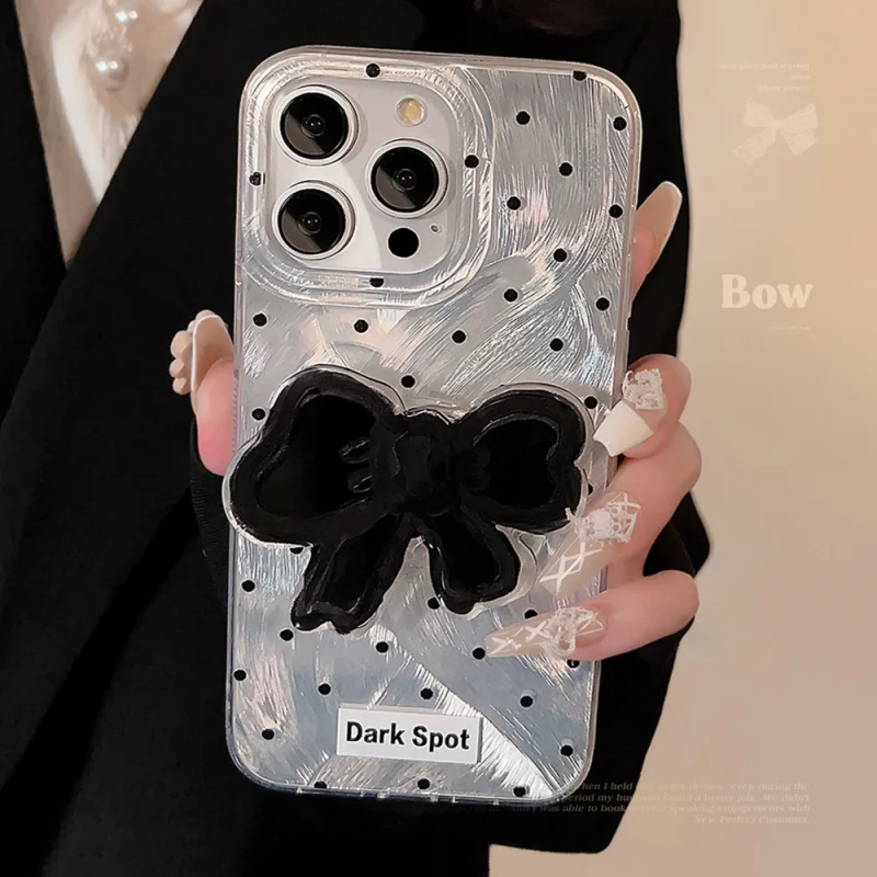 

insFeather yarn polka dot black bow phone case for Apple17pro maxBracketiphone16Applicable15Hard14